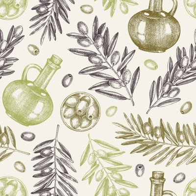Olive oil background. Hand drawn vector illustration. Olive tree branches, glass bottles, ripe olives sketches. Italian food seamless pattern.